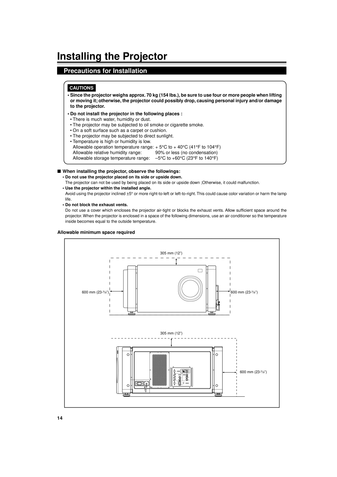 JVC DLA-M4000LU manual Installing the Projector, Precautions for Installation, Allowable minimum space required 