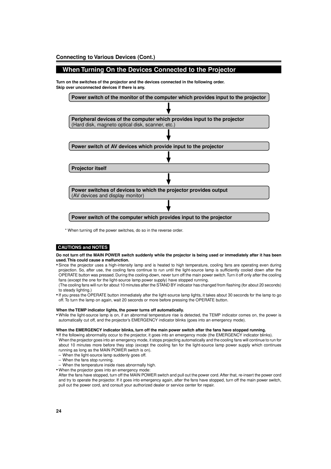 JVC DLA-M4000LU manual When Turning On the Devices Connected to the Projector 