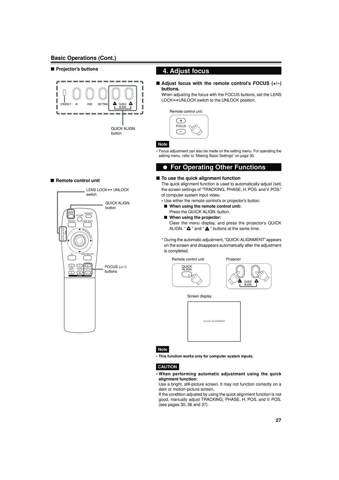 JVC DLA-M4000LU manual ¶ For Operating Other Functions, Adjust focus with the remote control’s Focus +/- buttons 