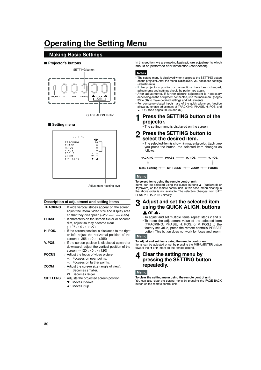 JVC DLA-M4000LU manual Operating the Setting Menu, Making Basic Settings, Press the Setting button of the projector 