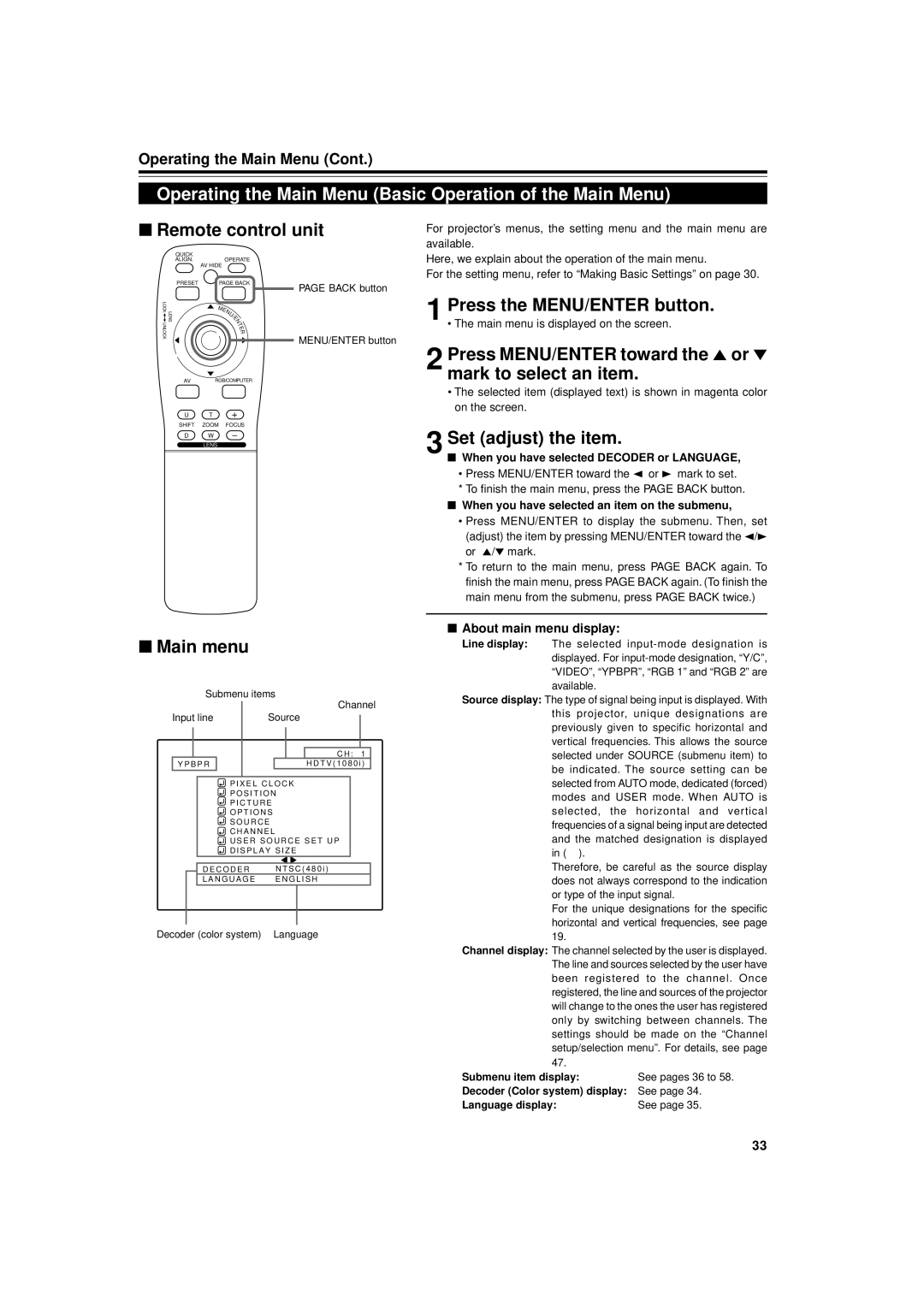 JVC DLA-M4000LU Operating the Main Menu Basic Operation of the Main Menu, Remote control unit, Press the MENU/ENTER button 