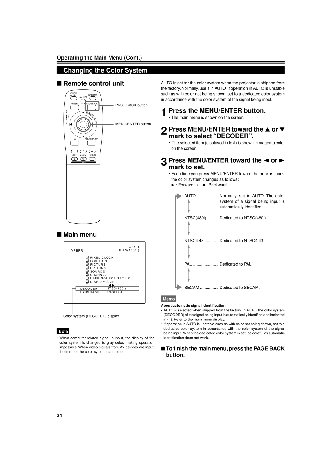 JVC DLA-M4000LU manual Changing the Color System, Press the MENU/ENTER button 