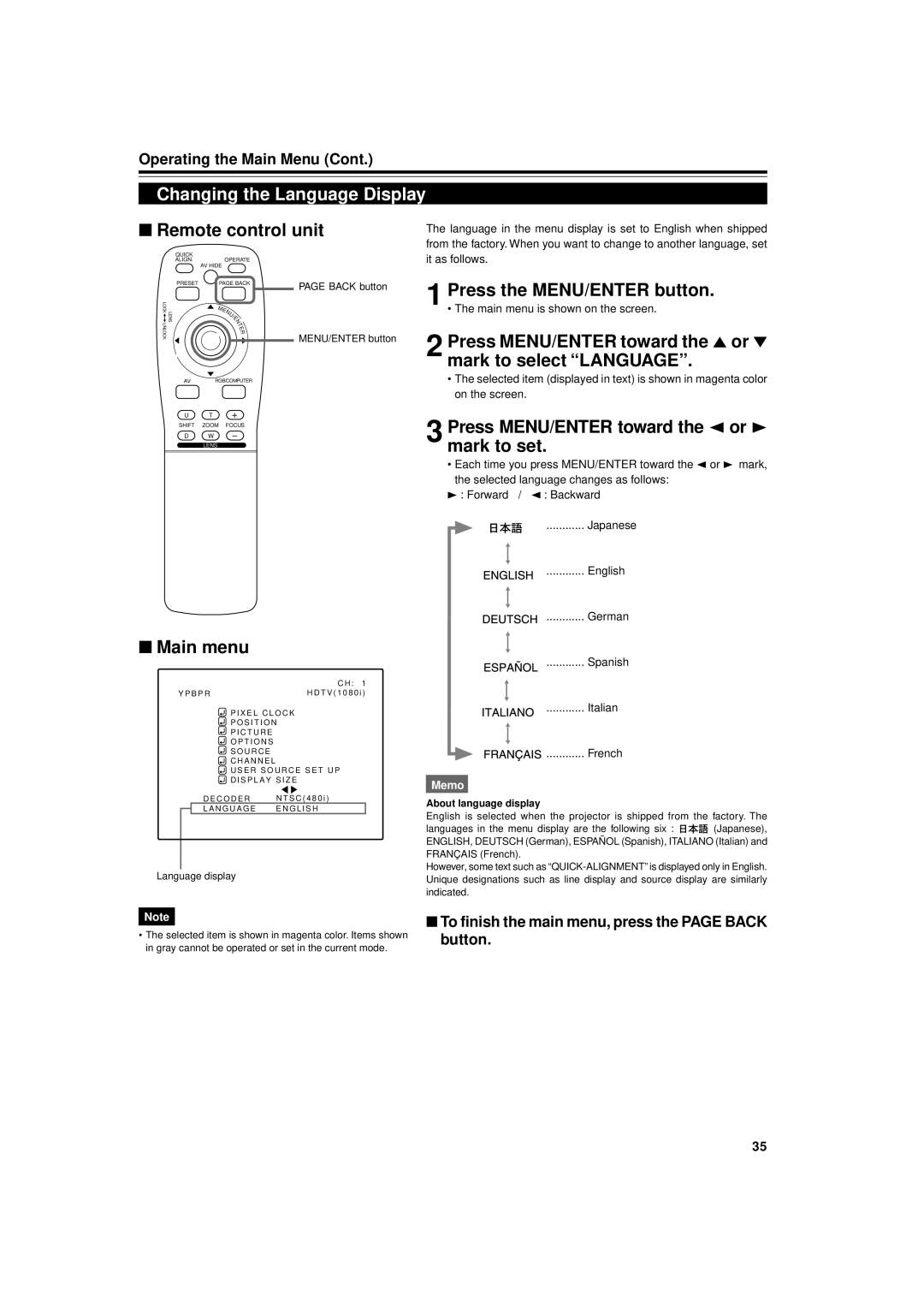 JVC DLA-M4000LU manual Changing the Language Display, Press the MENU/ENTER button, Language display, About language display 