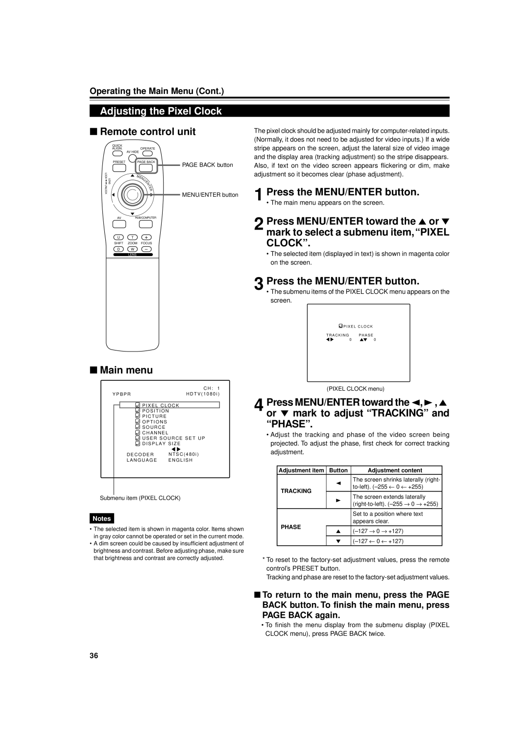 JVC DLA-M4000LU manual Adjusting the Pixel Clock, Adjustment item Button Adjustment content 