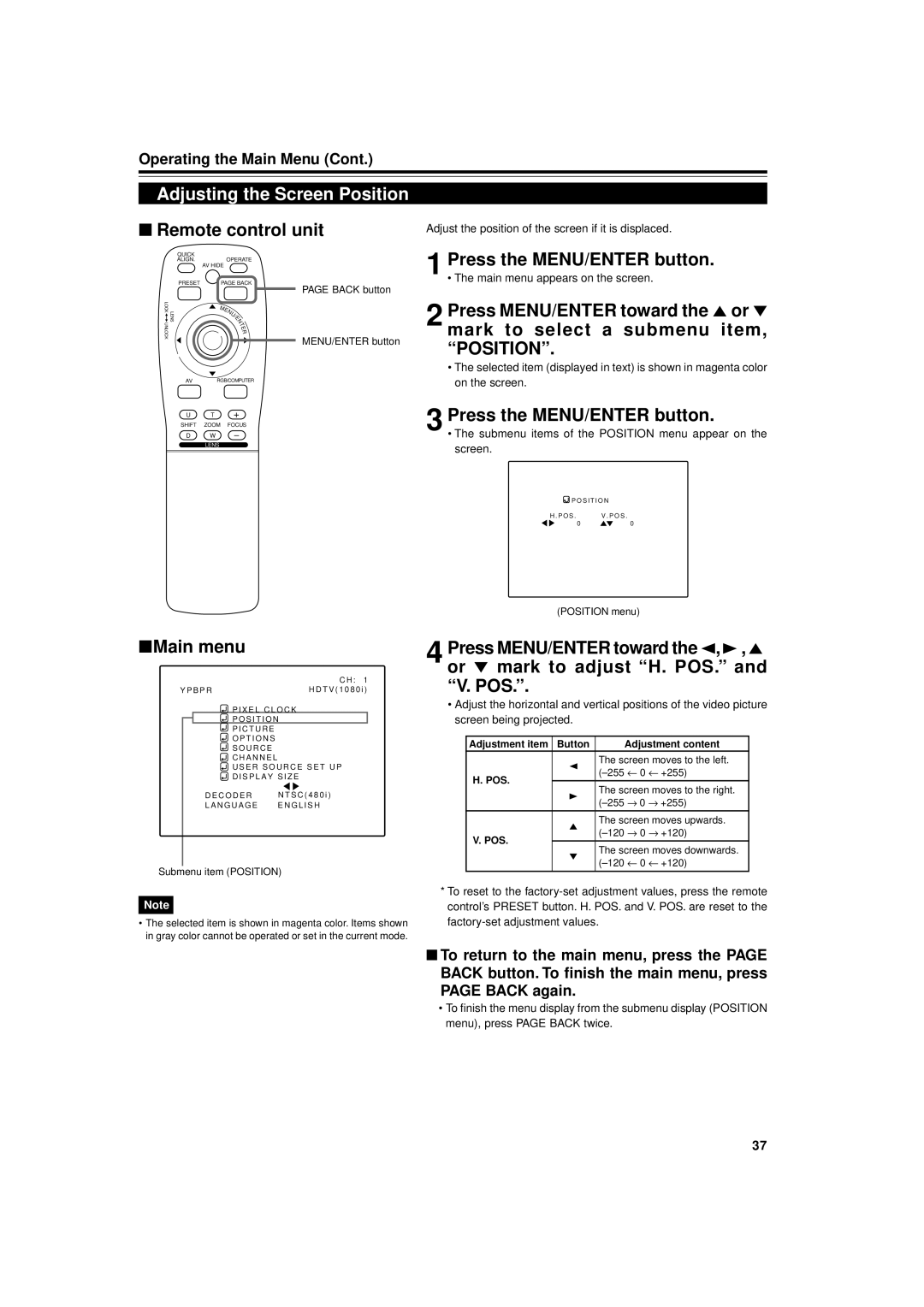 JVC DLA-M4000LU manual Adjusting the Screen Position, Main menu appears on the screen 