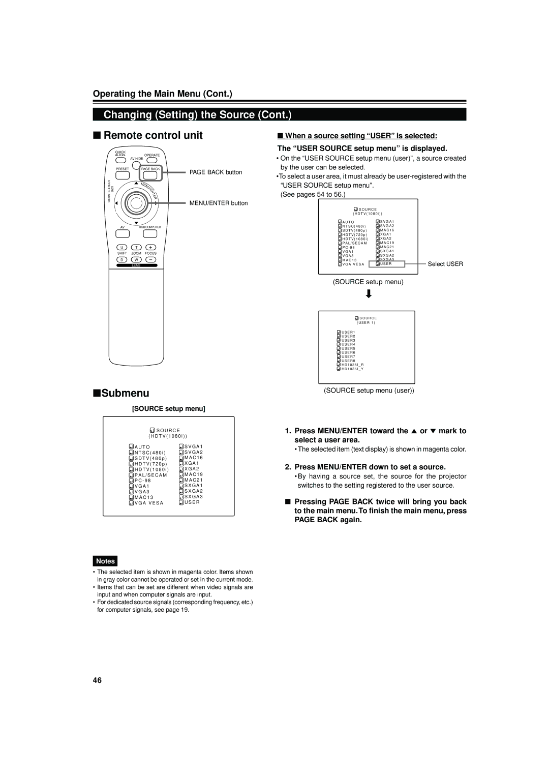 JVC DLA-M4000LU manual When a source setting User is selected, User Source setup menu is displayed, Select a user area 