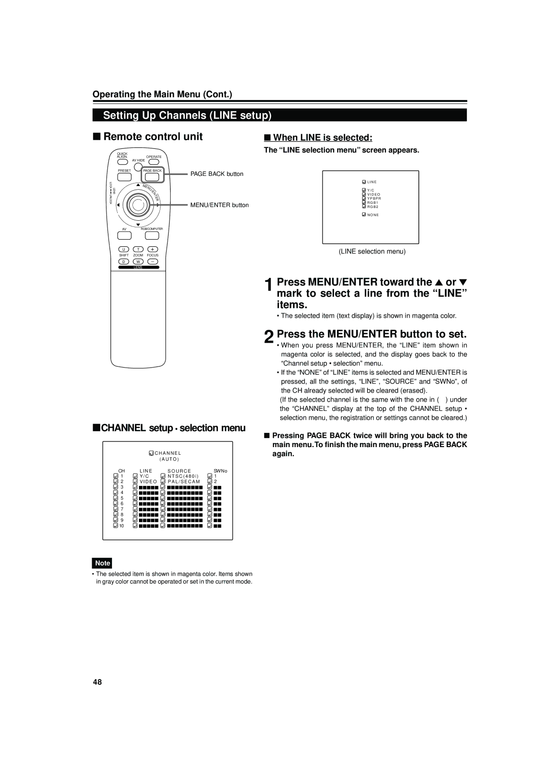 JVC DLA-M4000LU manual Setting Up Channels Line setup, When Line is selected, Line selection menu screen appears 