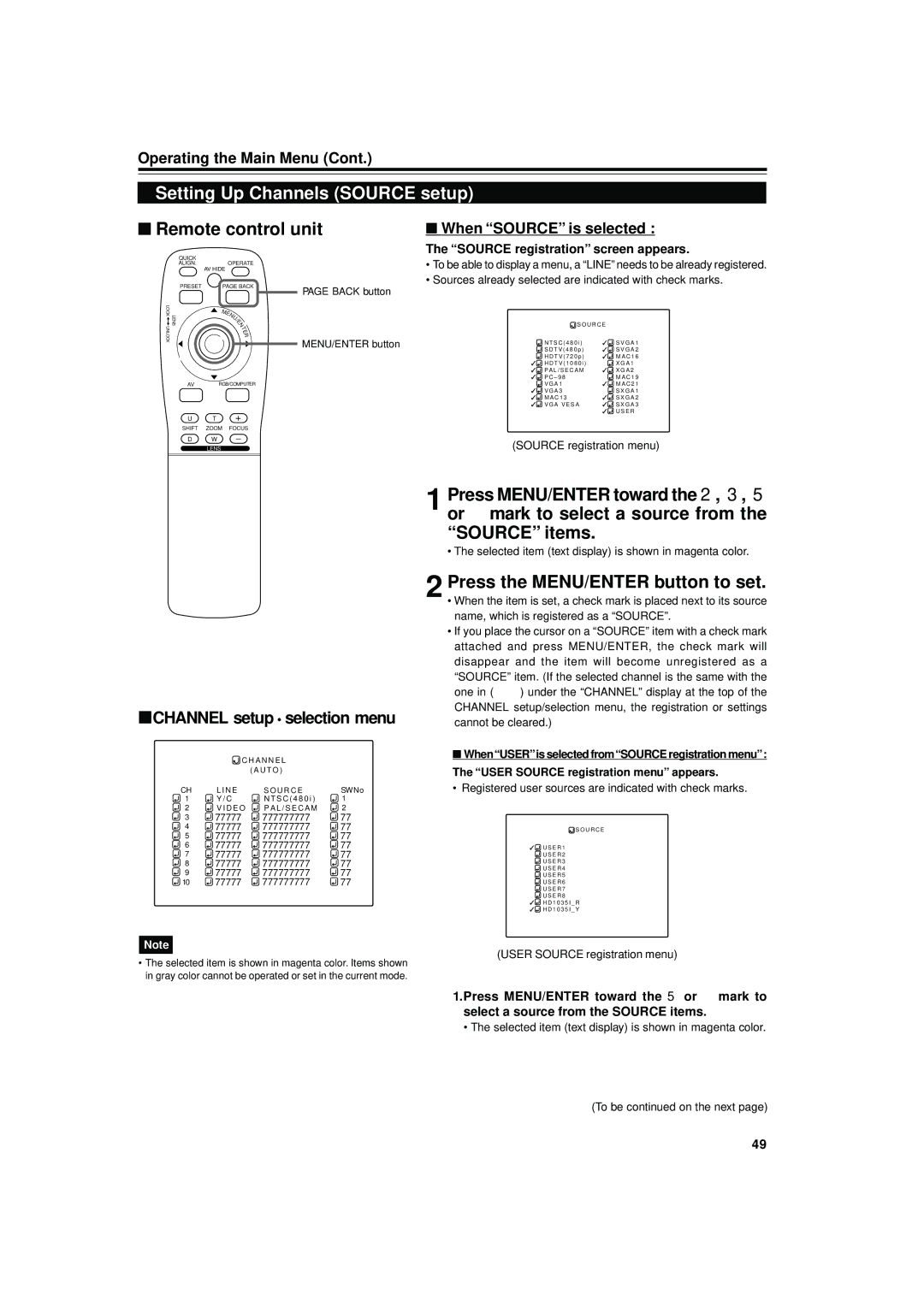 JVC DLA-M4000LU manual Setting Up Channels Source setup, When Source is selected, Source registration screen appears 