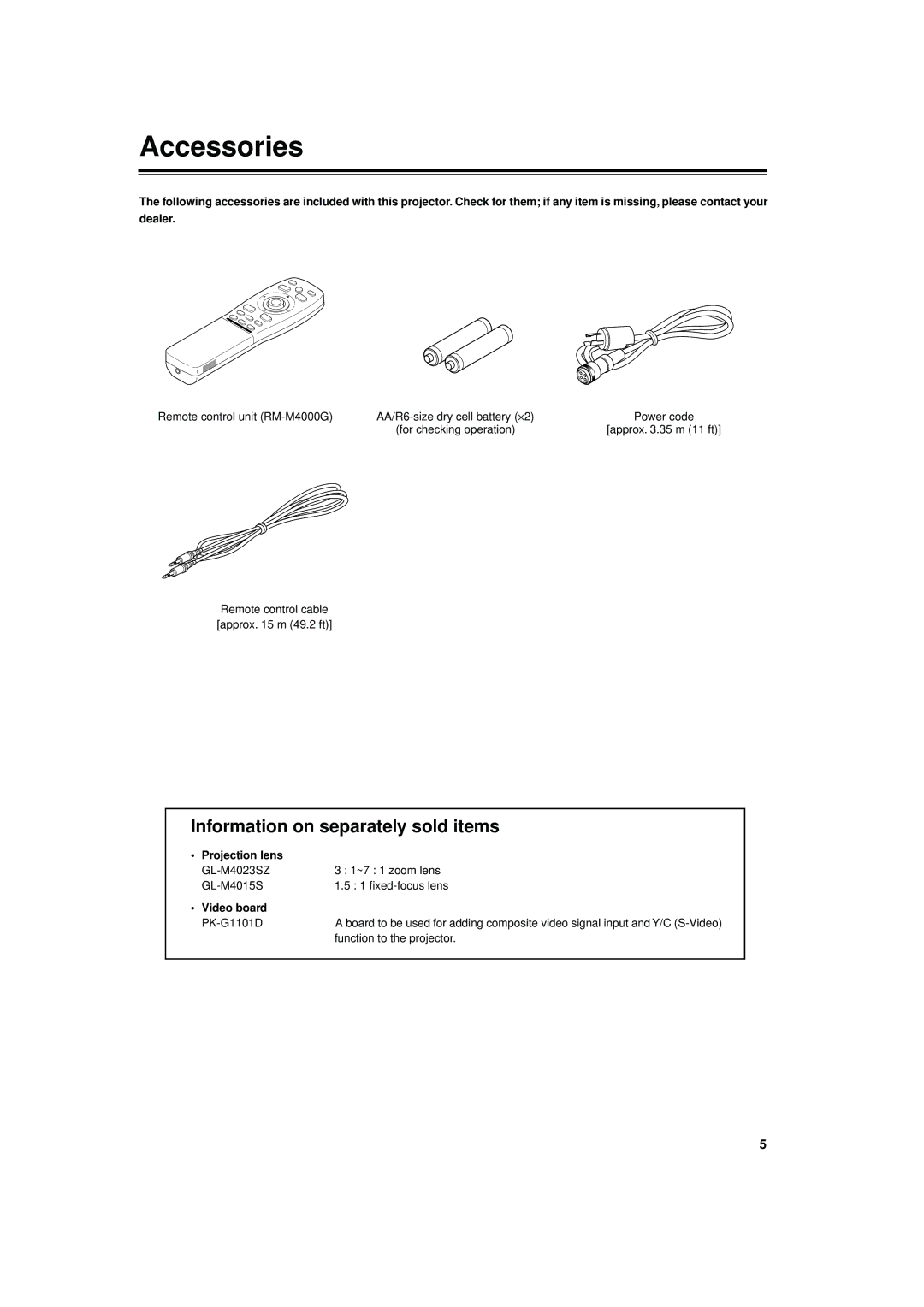 JVC DLA-M4000LU manual Accessories, Information on separately sold items, Projection lens, Video board 