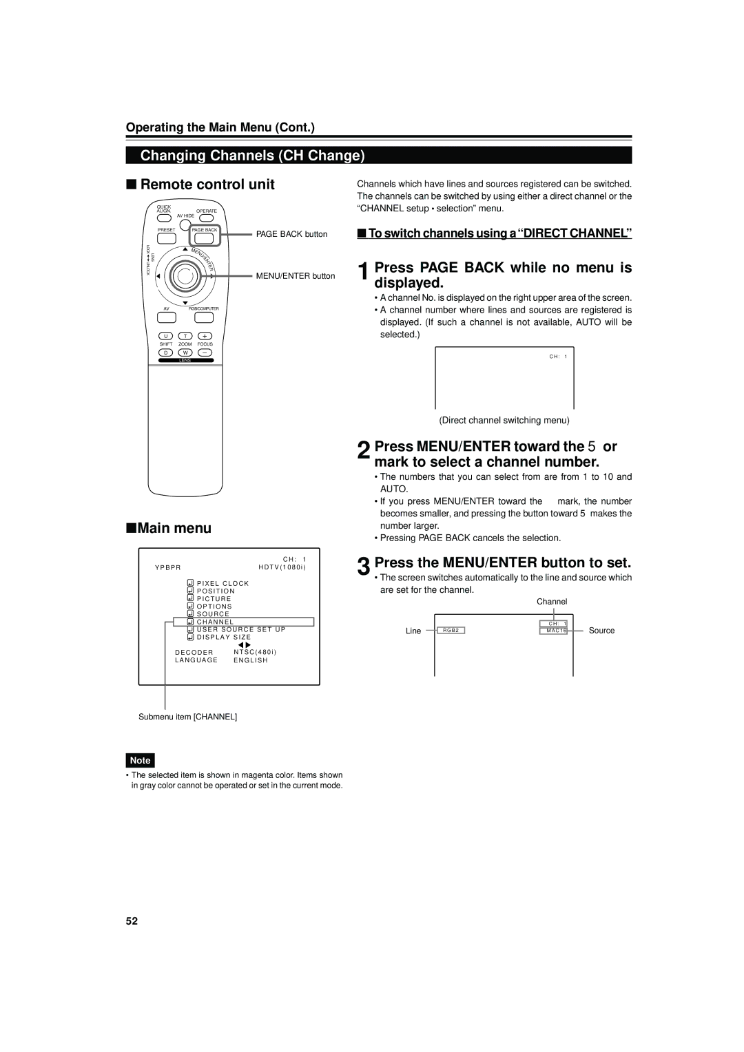 JVC DLA-M4000LU manual Changing Channels CH Change, Press page Back while no menu is, Displayed 