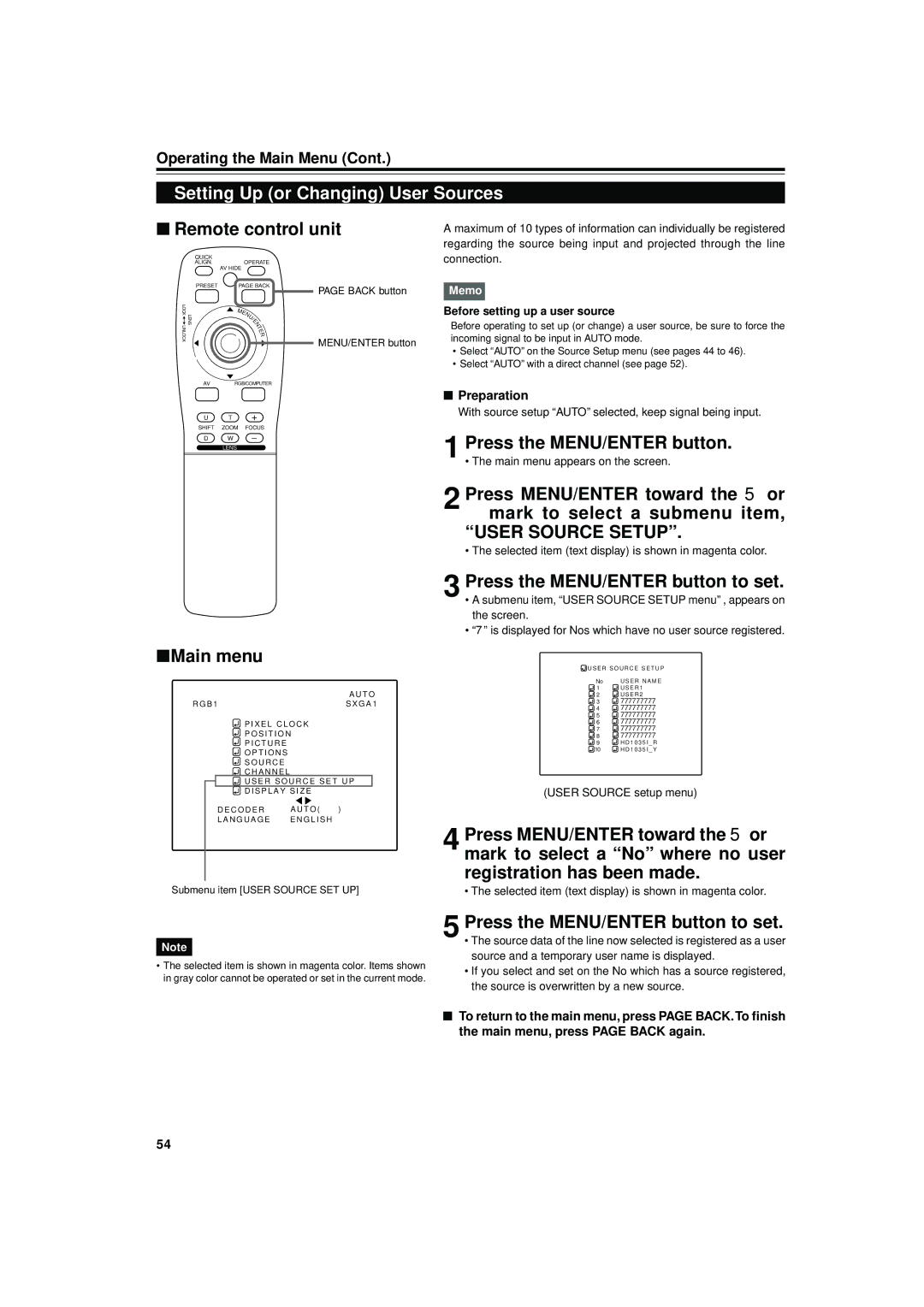 JVC DLA-M4000LU manual Setting Up or Changing User Sources, Connection, Submenu item User Source SET UP 