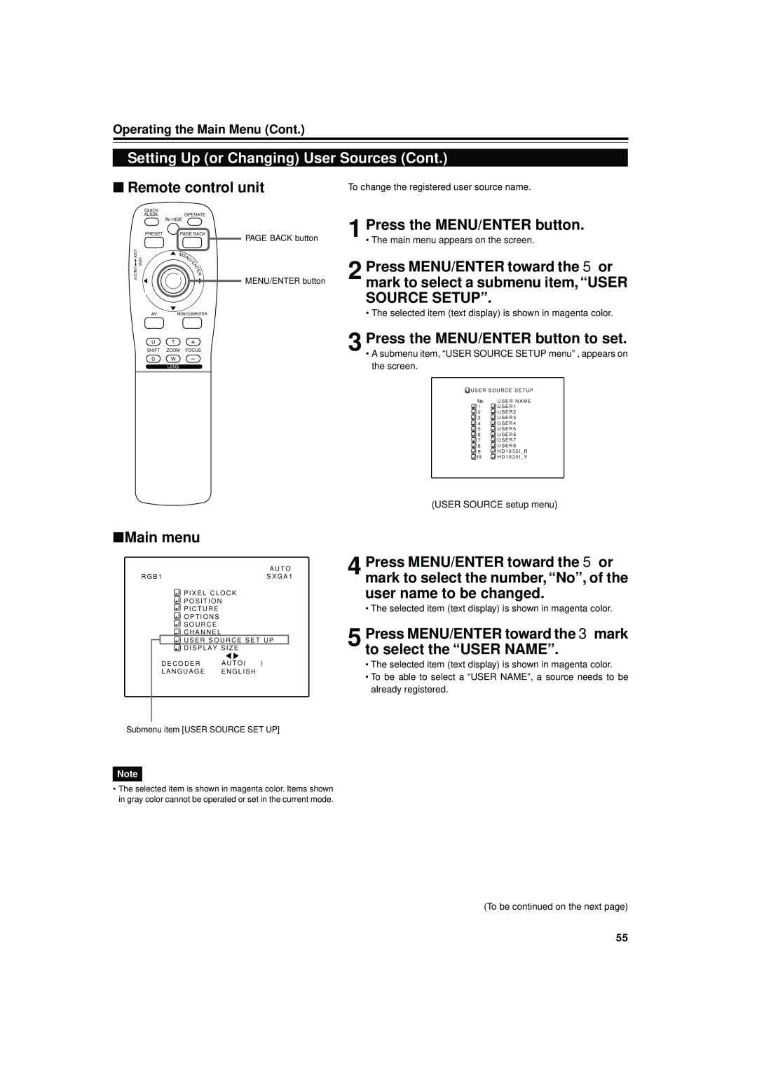 JVC DLA-M4000LU manual Press MENU/ENTER toward the 3mark to select the User Name, Screen, User Source setup menu 