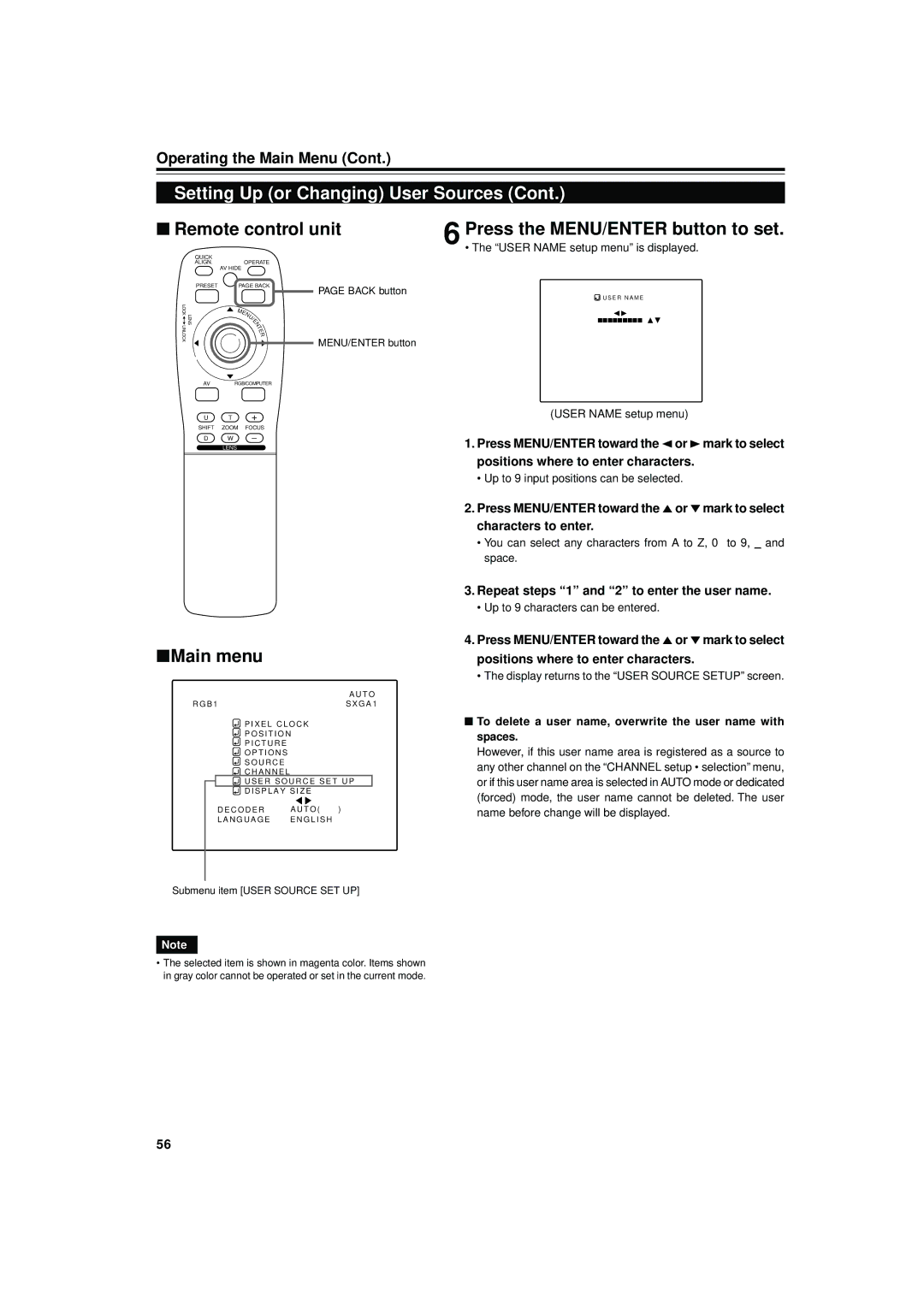 JVC DLA-M4000LU Repeat steps 1 and 2 to enter the user name, To delete a user name, overwrite the user name with spaces 