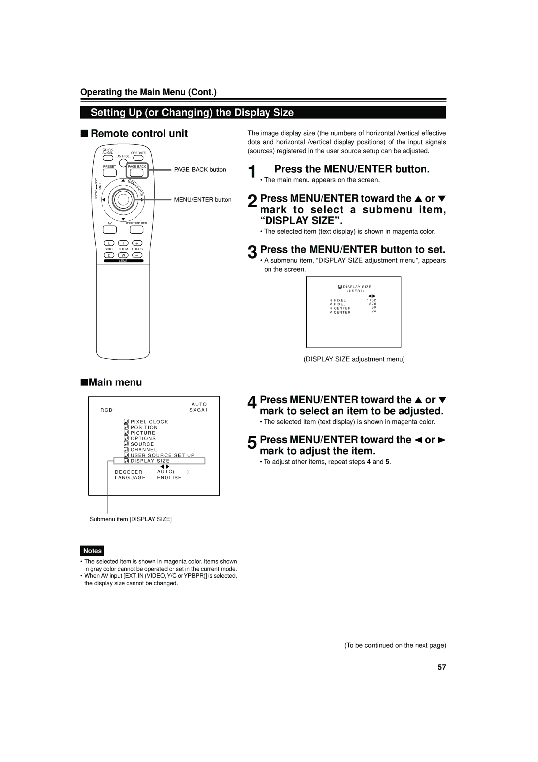 JVC DLA-M4000LU manual Setting Up or Changing the Display Size, Press MENU/ENTER toward the 2or 3 mark to adjust the item 