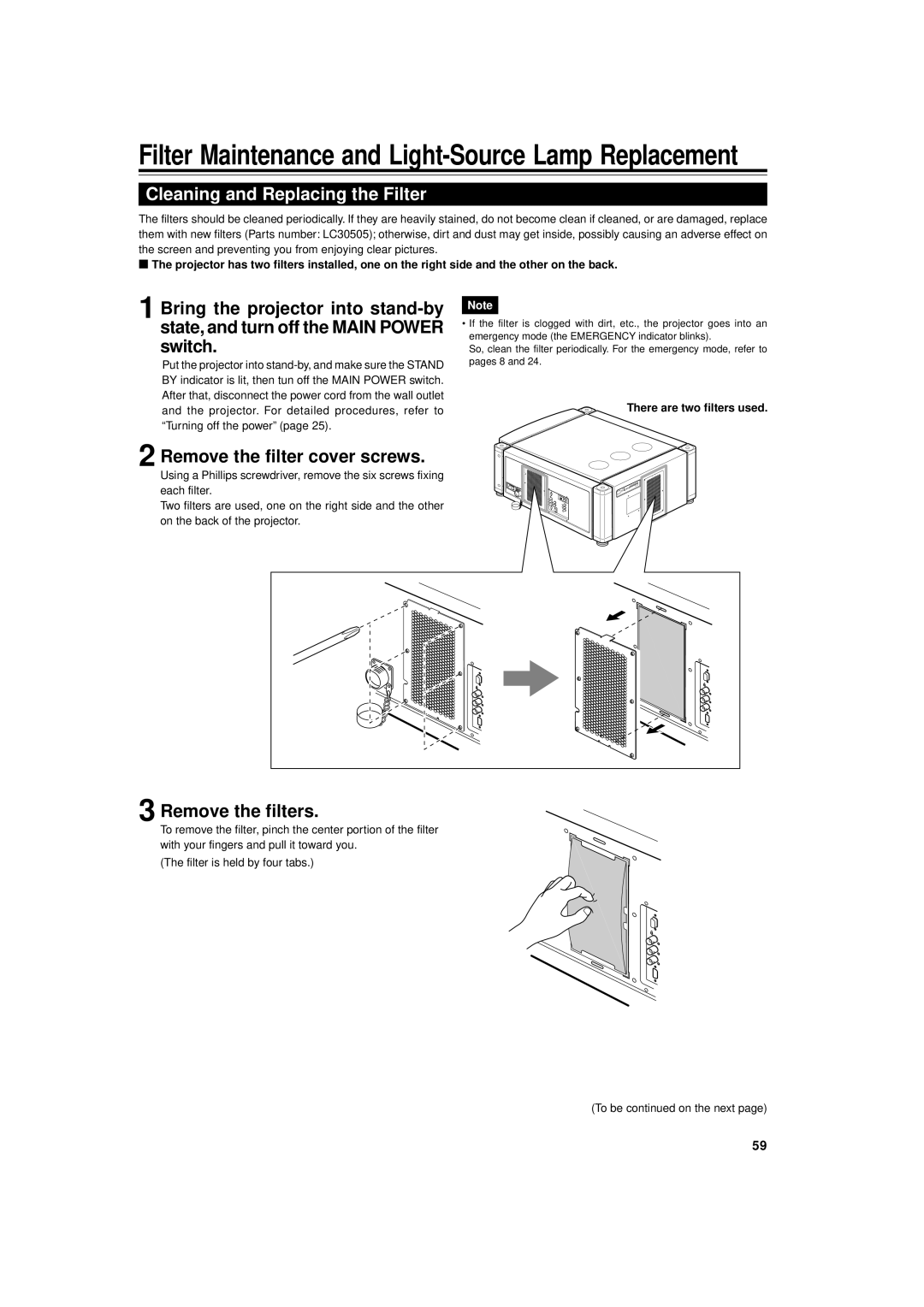 JVC DLA-M4000LU manual Cleaning and Replacing the Filter, Remove the filter cover screws, Remove the filters 