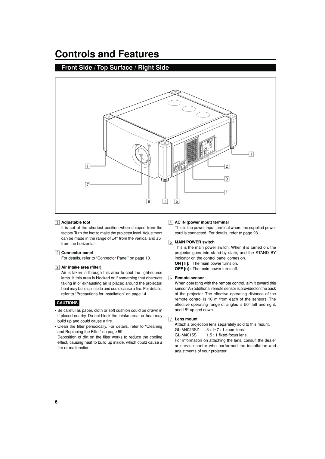 JVC DLA-M4000LU manual Controls and Features, Front Side / Top Surface / Right Side 