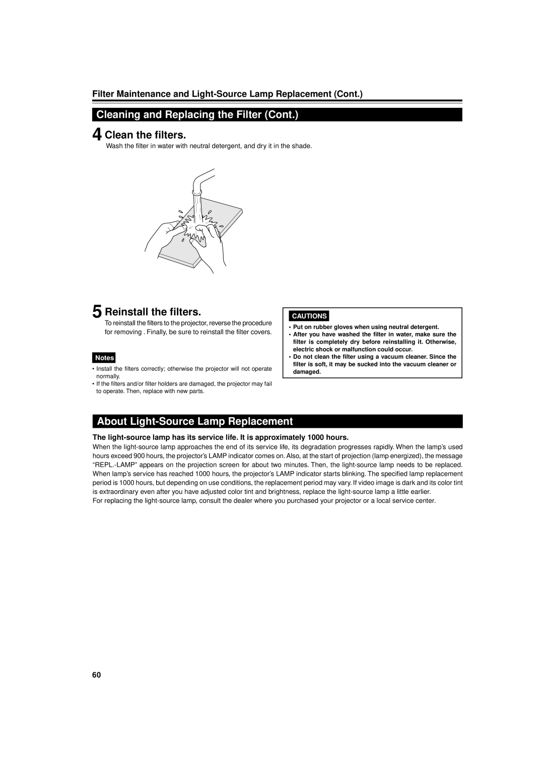 JVC DLA-M4000LU manual Clean the filters, Reinstall the filters, About Light-Source Lamp Replacement 