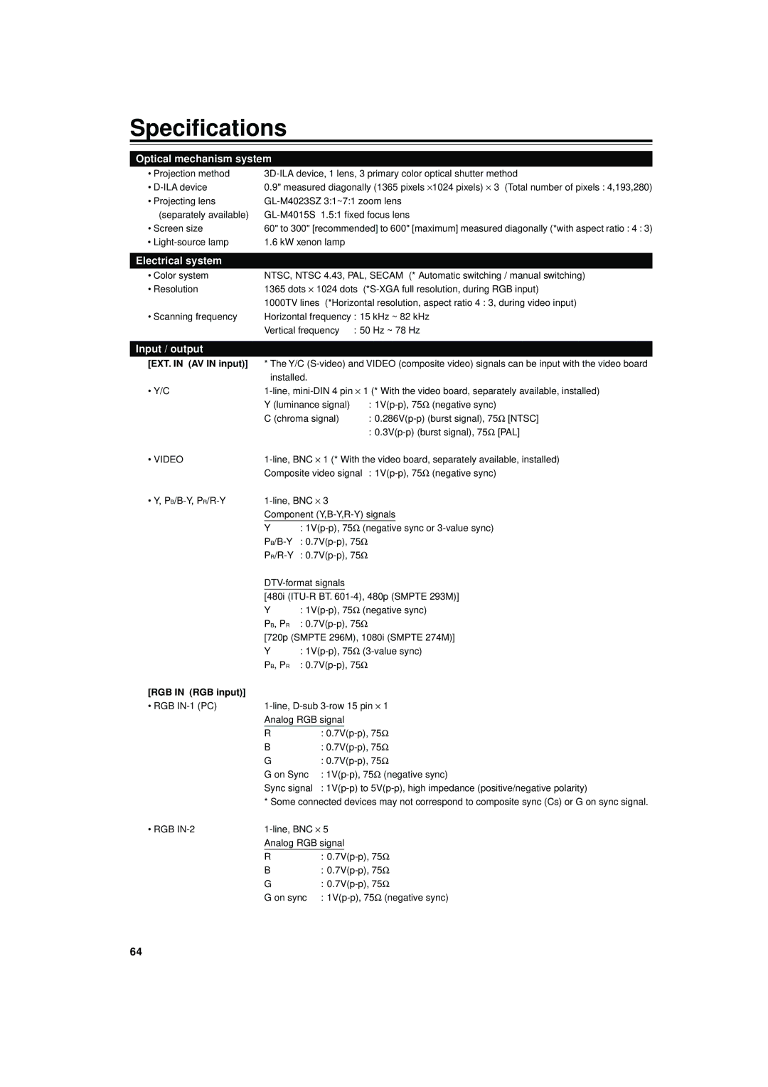 JVC DLA-M4000LU manual Specifications, EXT. in AV in input, RGB in RGB input 