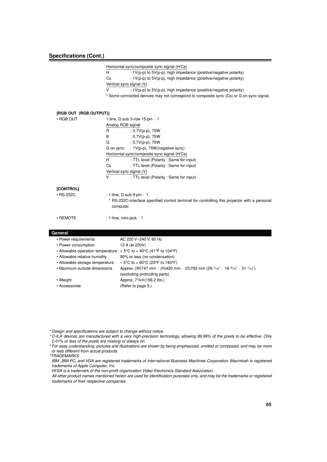 JVC DLA-M4000LU manual Line, D-sub 3-row 15-pin ⋅, 7Vp-p, 75Ω, On sync 1Vp-p, 75Ω negative sync, Vertical sync signal 