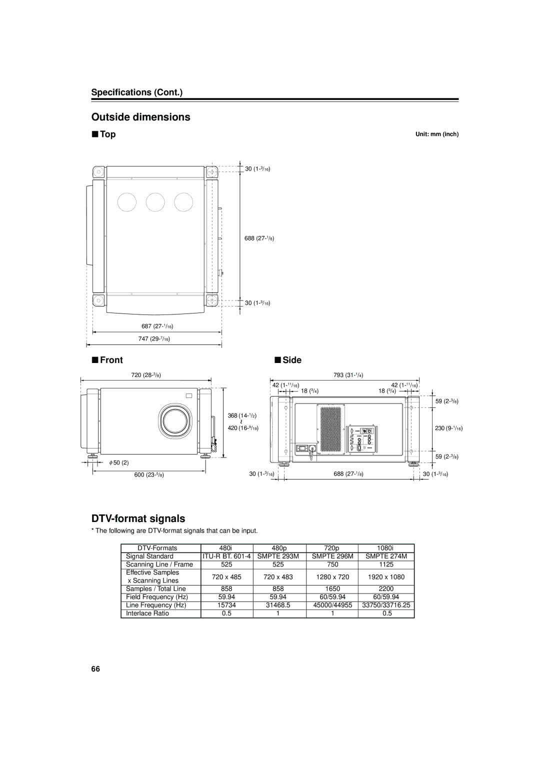 JVC DLA-M4000LU manual Outside dimensions, DTV-format signals, Top, Front, Side 