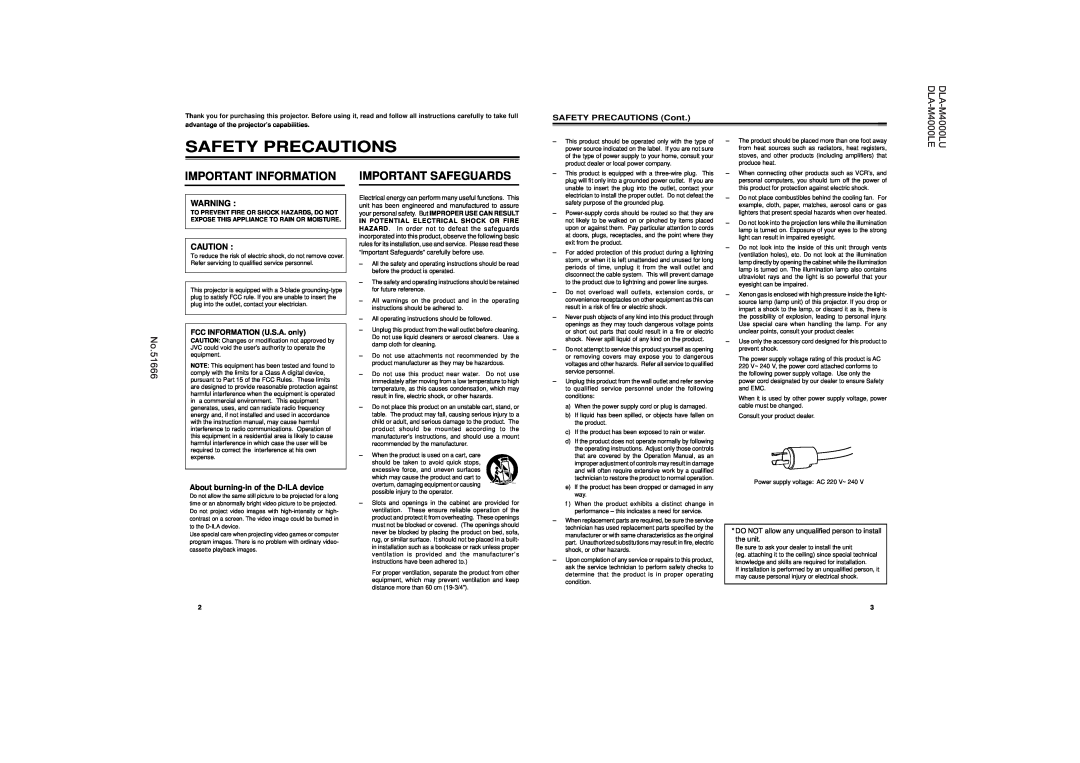 JVC DLA-M4000LU Safety Precautions, Important Information Important Safeguards, SAFETY PRECAUTIONS Cont, No.51666 
