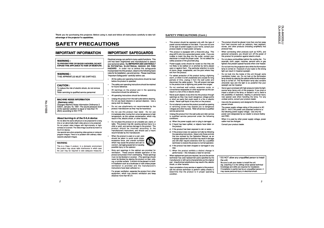 JVC DLA-M4000LU Important Information, Important Safeguards, This Apparatus Must Be Earthed, Safety Precautions, No.51666 