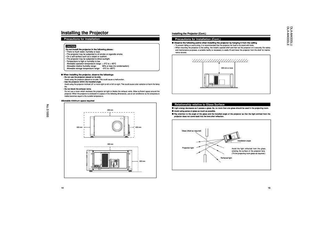 JVC operating instructions Installing the Projector, No.51666, DLA-M4000LU DLA-M4000LE, Precautions for Installation 