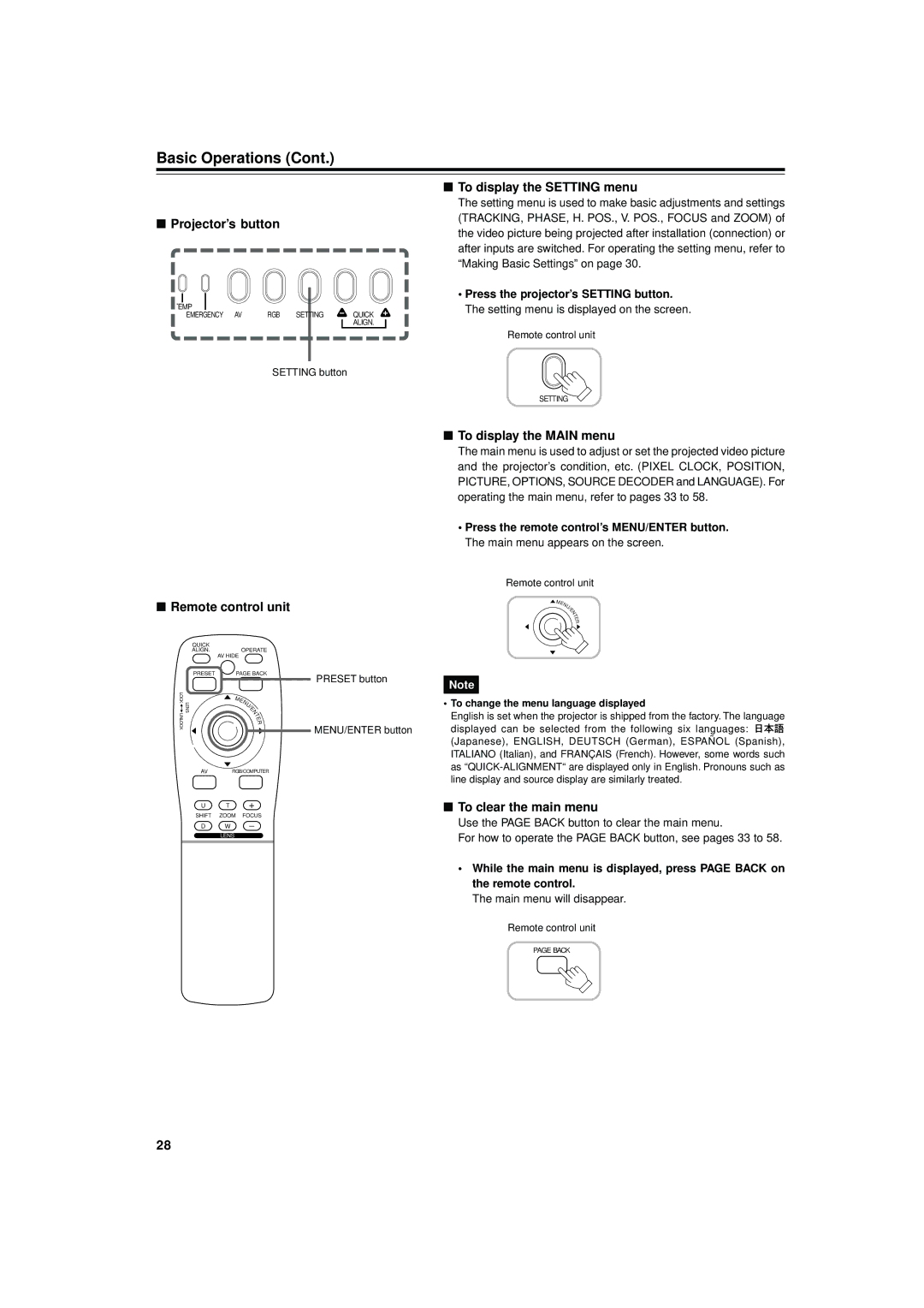 JVC DLA-M5000SCU manual Projector’s button, To display the Setting menu, To display the Main menu, To clear the main menu 