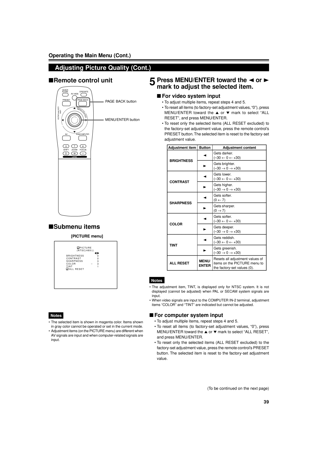 JVC DLA-M5000LU, DLA-M5000SCU manual Submenu items, For video system input, For computer system input, Picture menu 