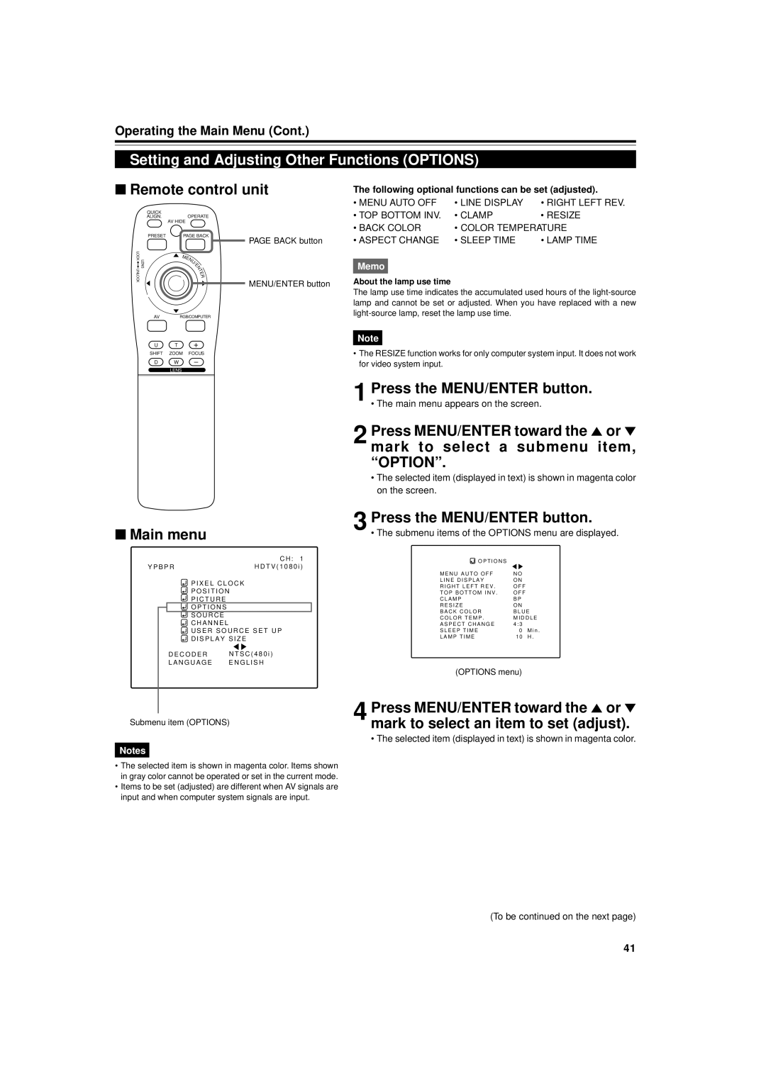 JVC DLA-M5000LU manual Setting and Adjusting Other Functions Options, Following optional functions can be set adjusted 