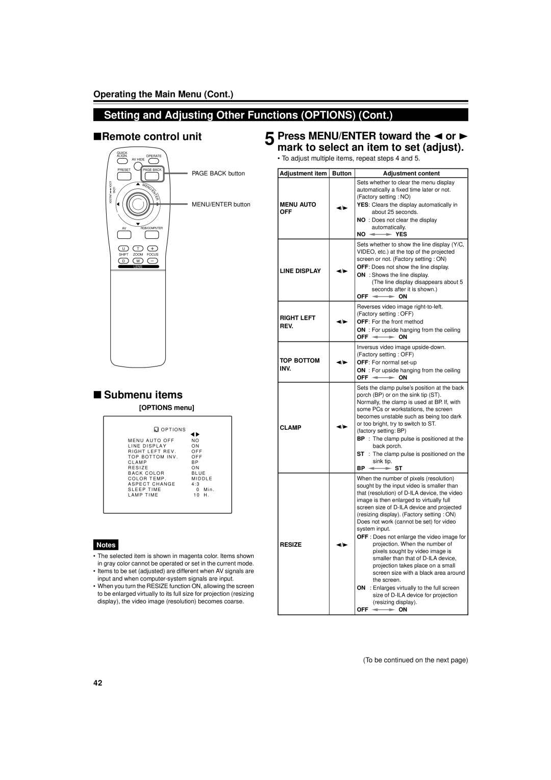 JVC DLA-M5000SCU, DLA-M5000LU manual Options menu, Display, the video image resolution becomes coarse 