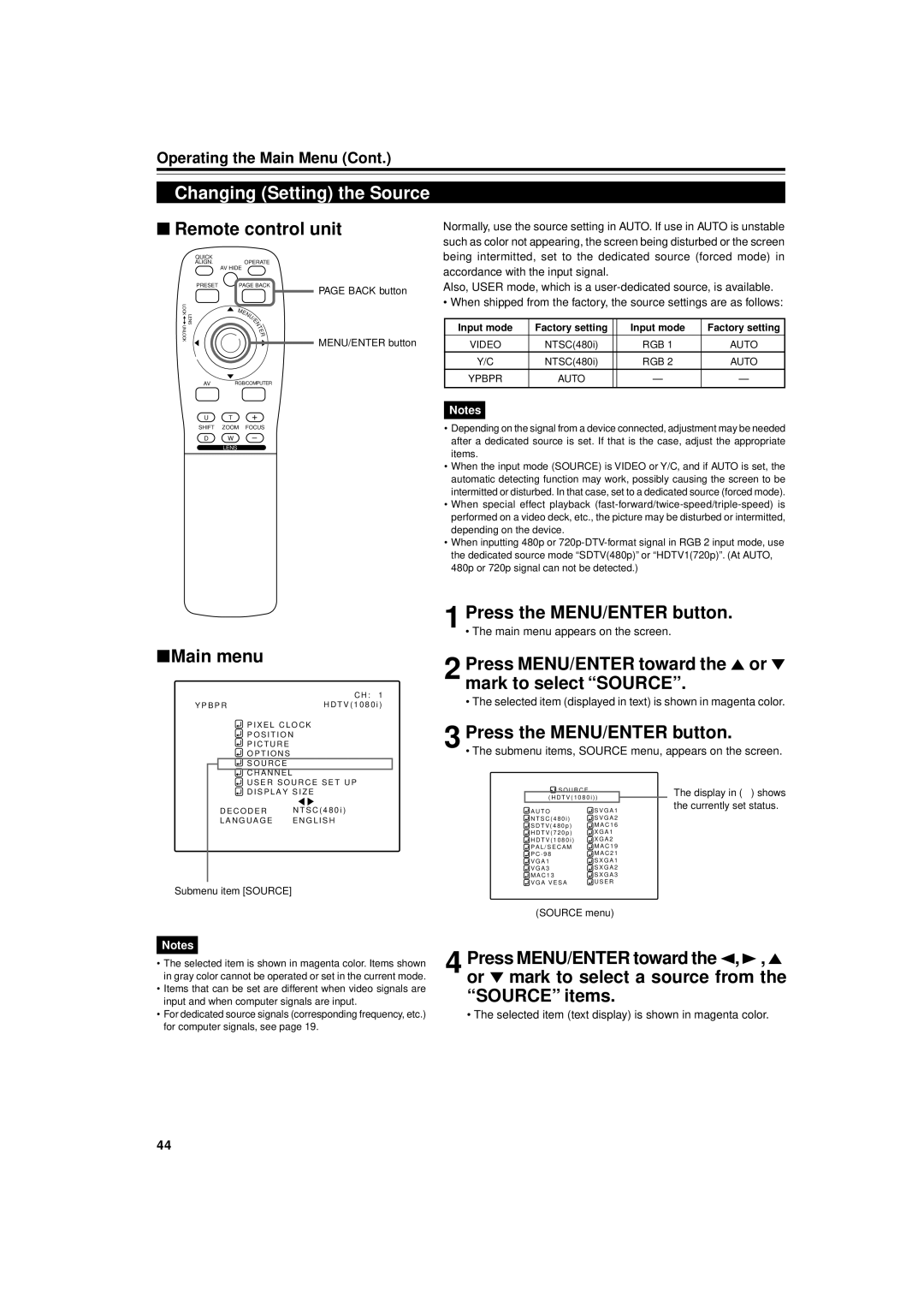 JVC DLA-M5000SCU, DLA-M5000LU manual Changing Setting the Source, Selected item displayed in text is shown in magenta color 