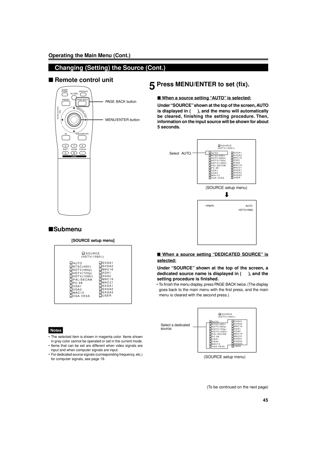 JVC DLA-M5000LU, DLA-M5000SCU Submenu, Press MENU/ENTER to set fix, When a source setting Dedica TED Source is, Selected 