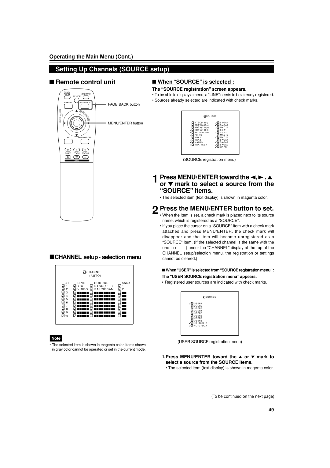 JVC DLA-M5000LU manual Setting Up Channels Source setup, When Source is selected, Source registration screen appears 