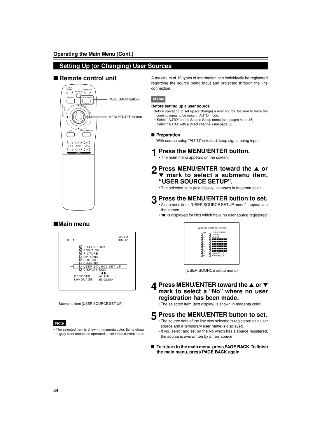 JVC DLA-M5000SCU, DLA-M5000LU manual Setting Up or Changing User Sources, Connection, Submenu item User Source SET UP 