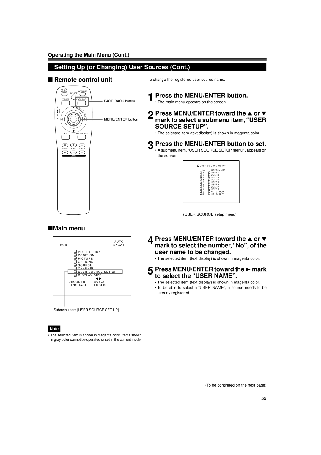 JVC DLA-M5000LU, DLA-M5000SCU Press MENU/ENTER toward the 3mark to select the User Name, Screen, User Source setup menu 