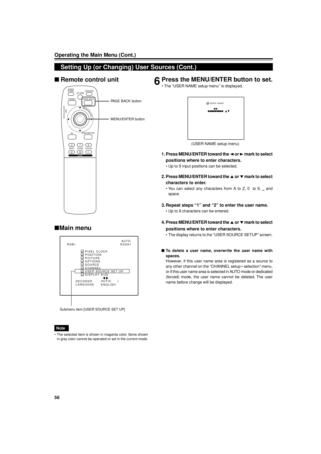 JVC DLA-M5000SCU Repeat steps 1 and 2 to enter the user name, To delete a user name, overwrite the user name with spaces 