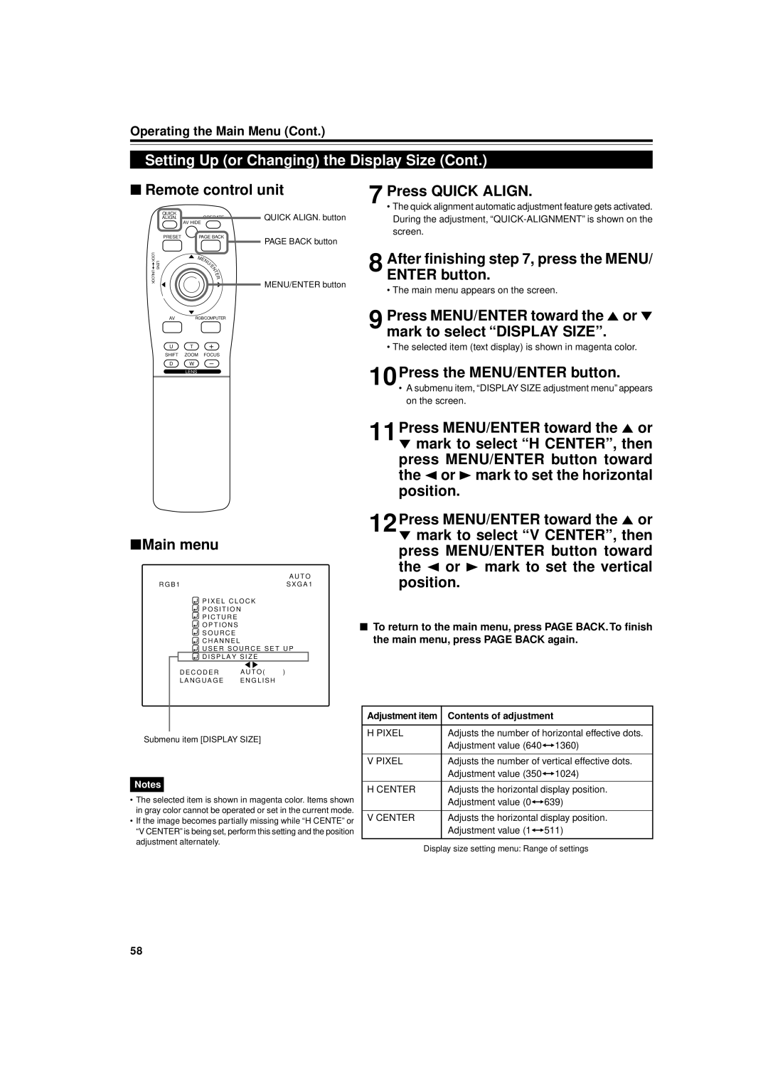 JVC DLA-M5000SCU, DLA-M5000LU manual Press Quick Align, 10Press the MENU/ENTER button, 11Press MENU/ENTER toward the 5 or 