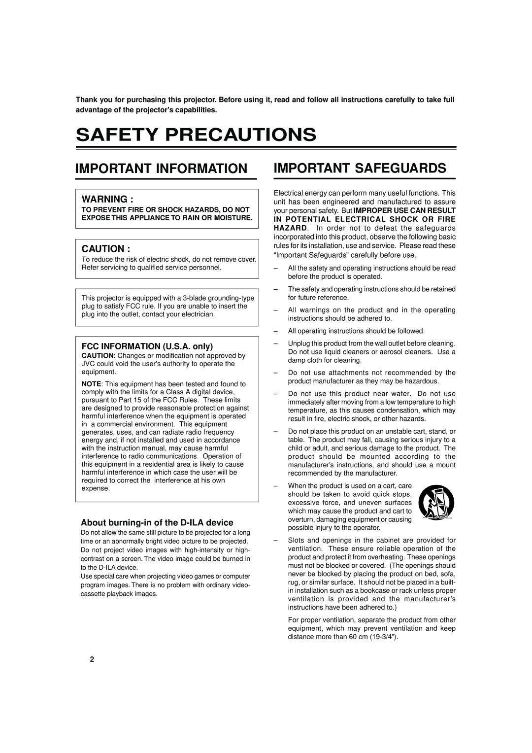 JVC DLA-M5000SCU, DLA-M5000LU Safety Precautions, Important Information Important Safeguards, FCC INFORMATION U.S.A. only 