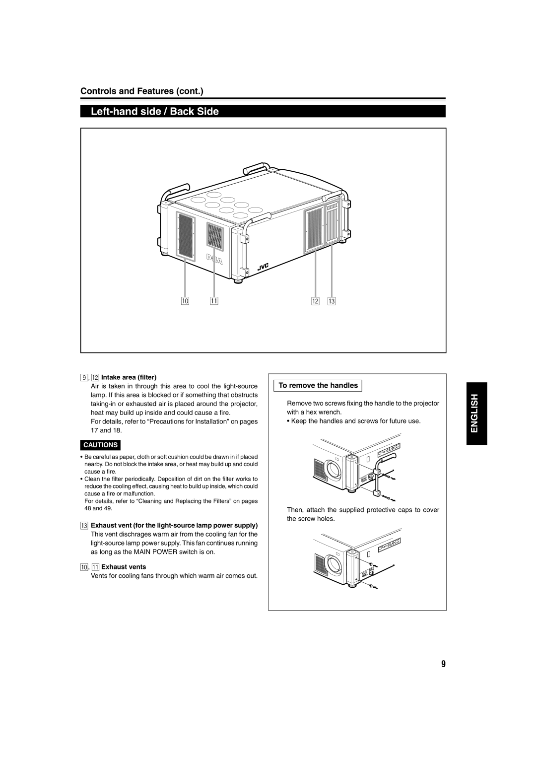 JVC DLA-QX1G manual Left-hand side / Back Side, To remove the handles, Intake area filter 