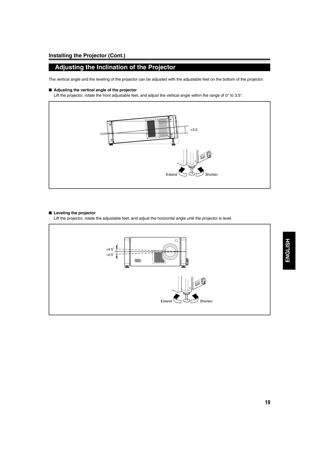 JVC DLA-QX1G manual Adjusting the Inclination of the Projector, Adjusting the vertical angle of the projector 