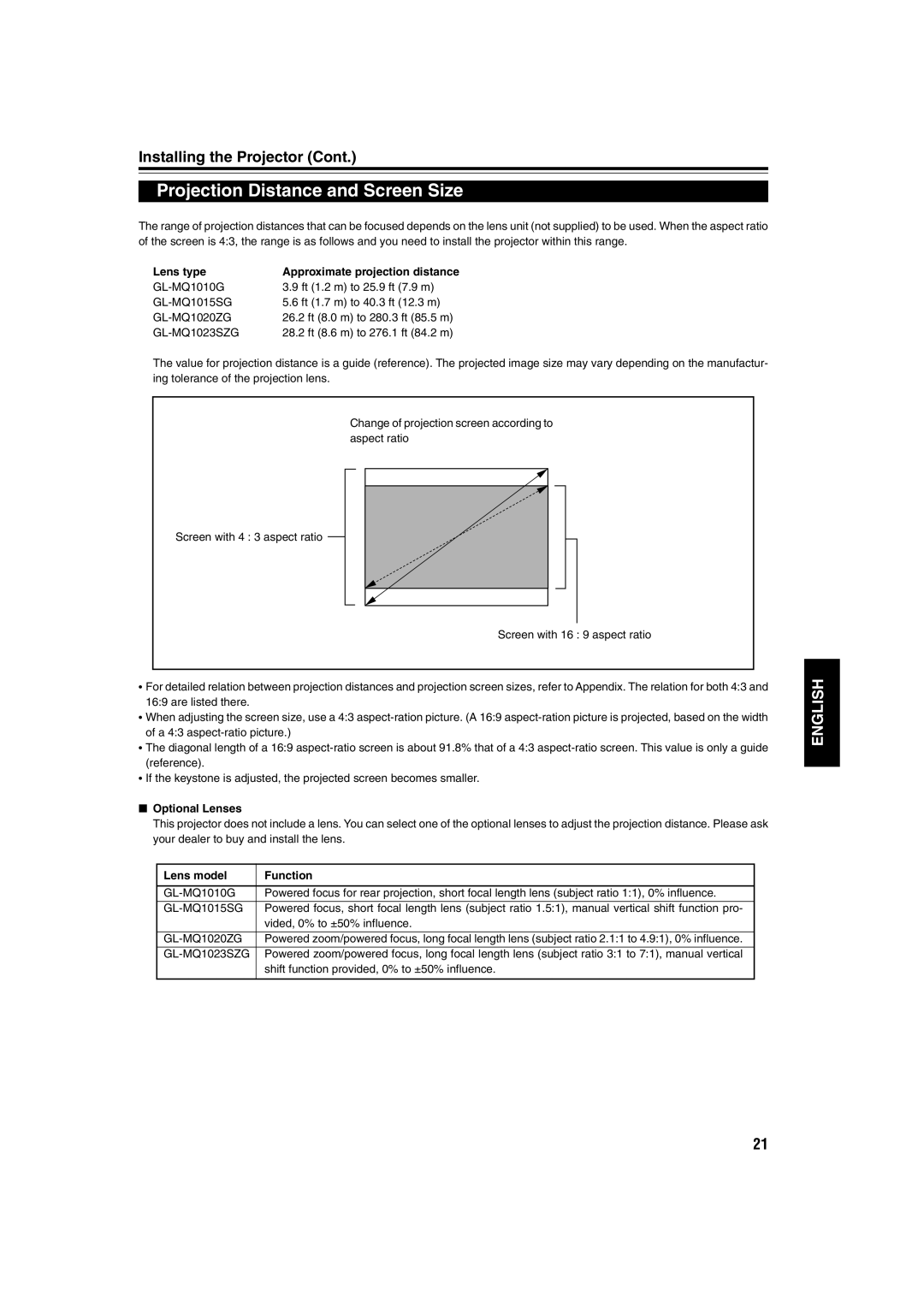 JVC DLA-QX1G manual Projection Distance and Screen Size, Lens type Approximate projection distance, Optional Lenses 