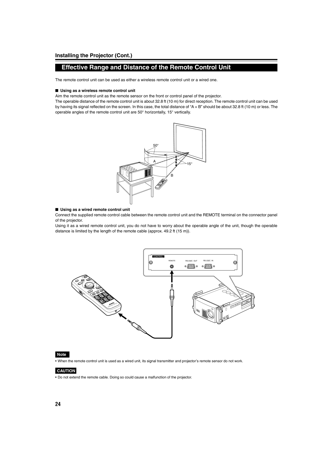 JVC DLA-QX1G manual Effective Range and Distance of the Remote Control Unit, Using as a wireless remote control unit 