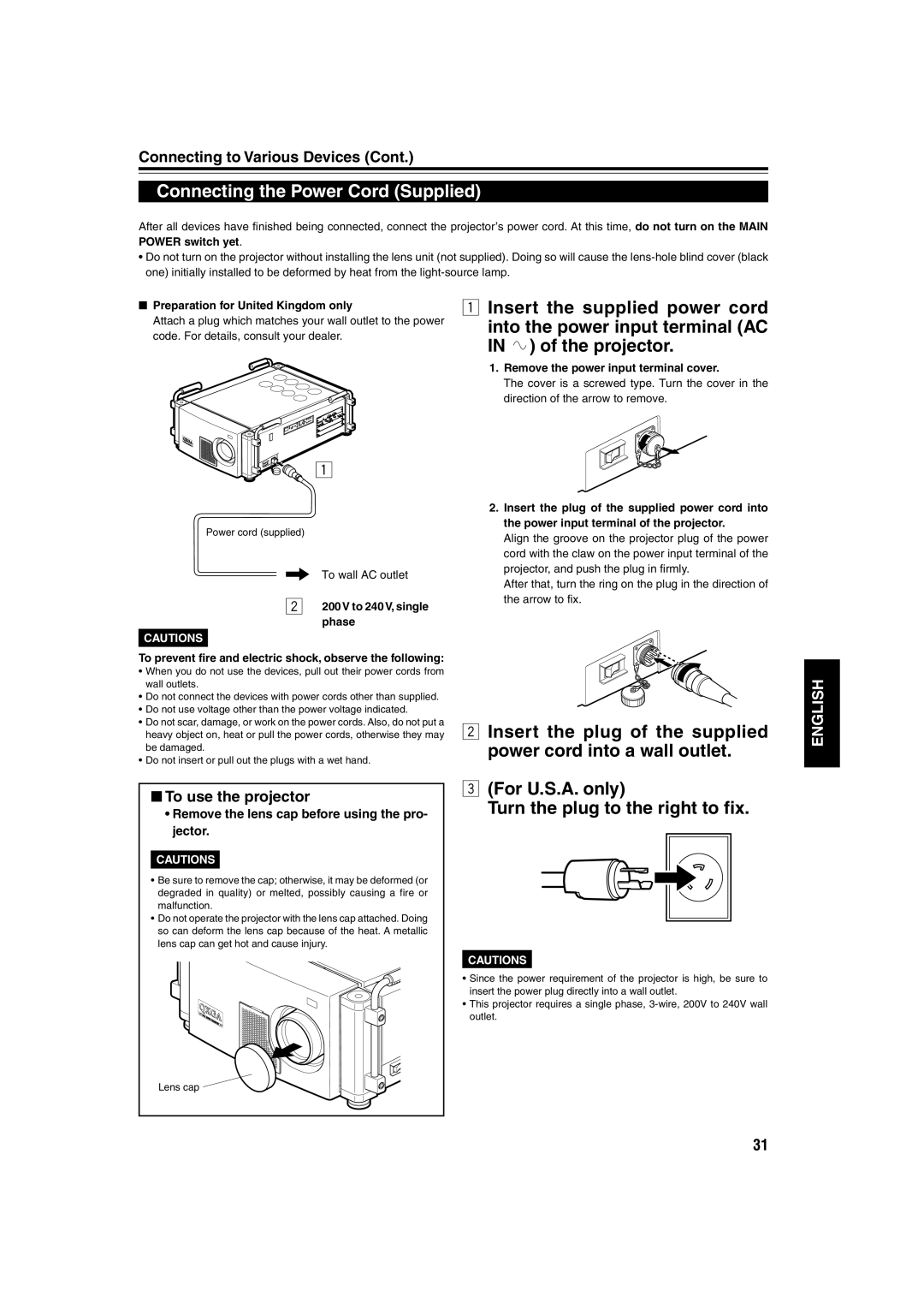 JVC DLA-QX1G manual Connecting the Power Cord Supplied, Insert the supplied power cord, Into the power input terminal AC 