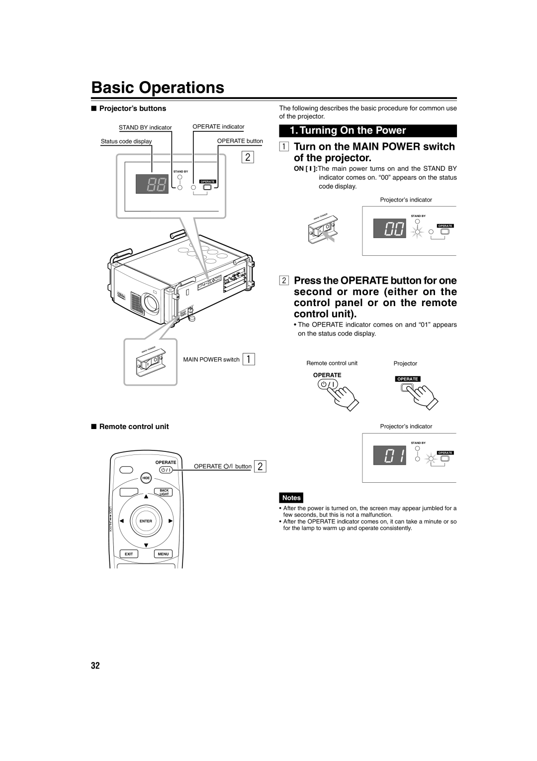 JVC DLA-QX1G Basic Operations, Turning On the Power, Turn on the Main Power switch of the projector, Projector’s buttons 