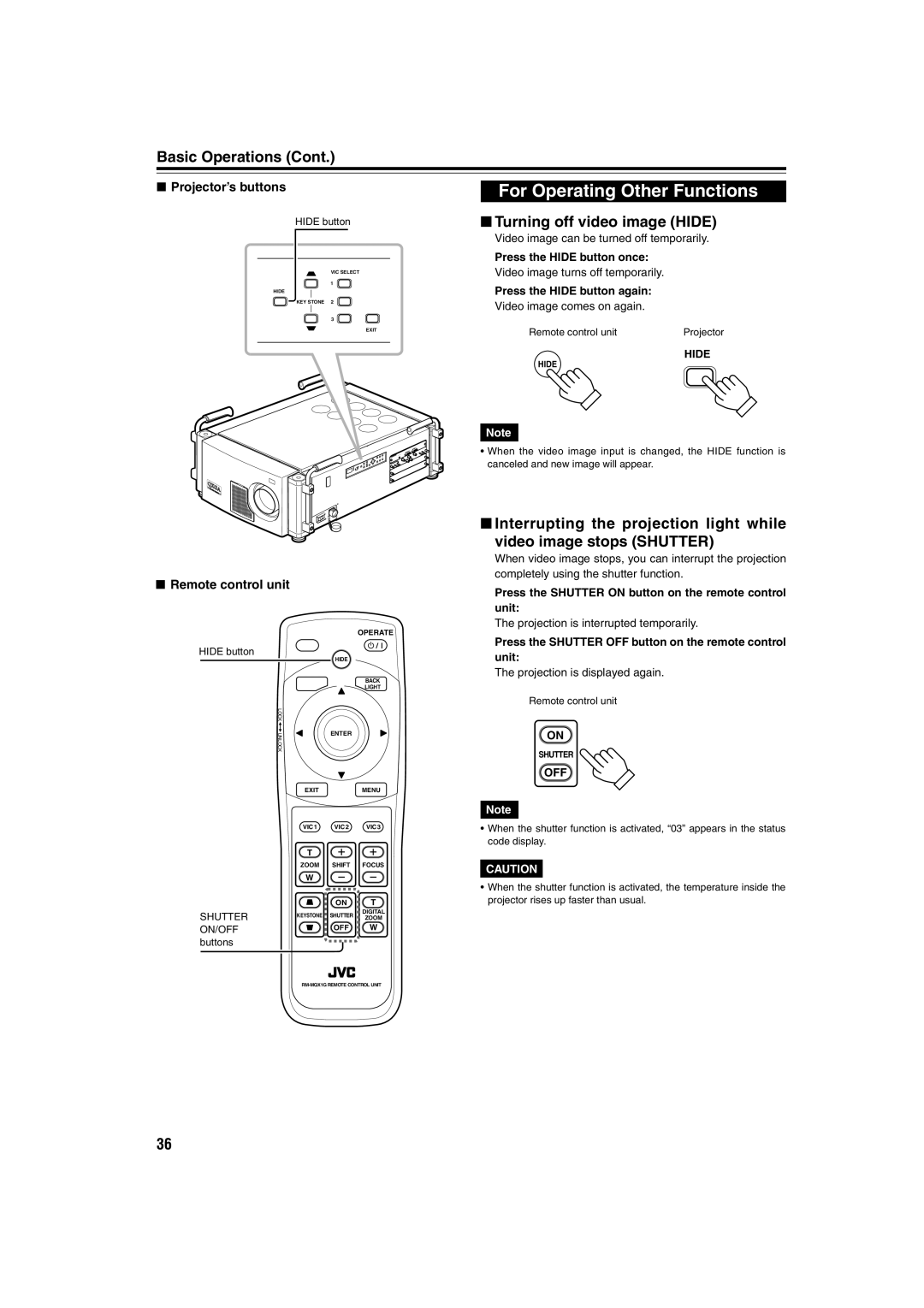 JVC DLA-QX1G manual For Operating Other Functions, Turning off video image Hide 