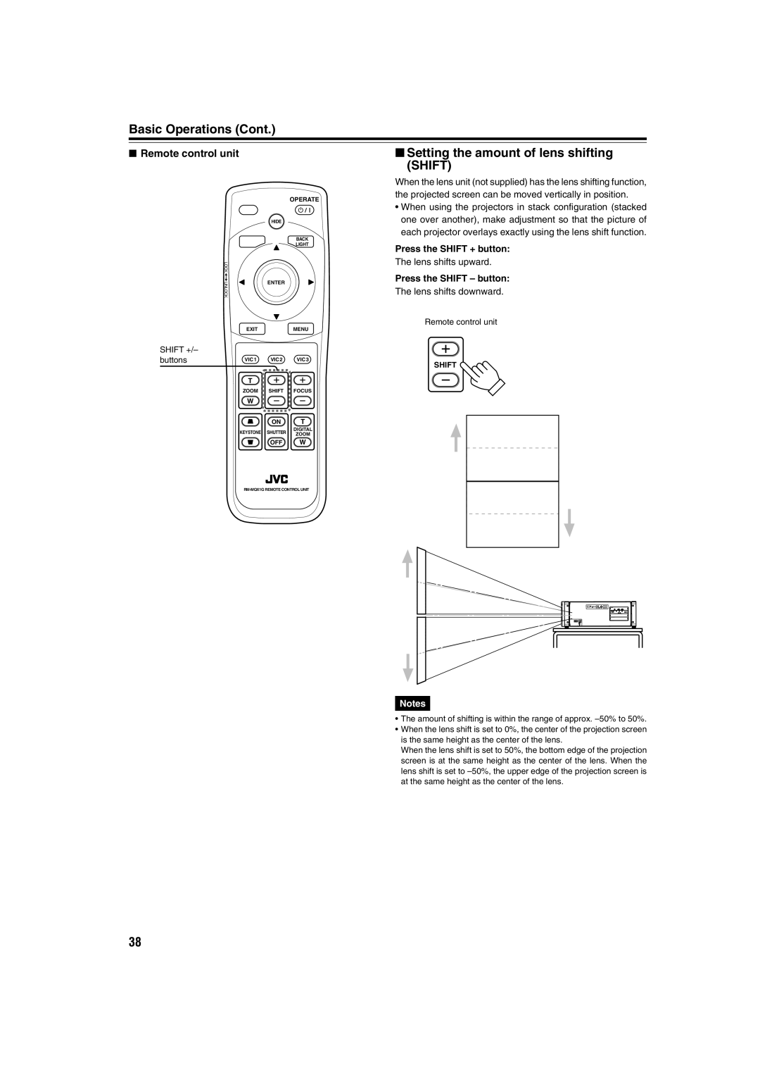 JVC DLA-QX1G manual Setting the amount of lens shifting Shift, Press the Shift + button, Press the Shift button 