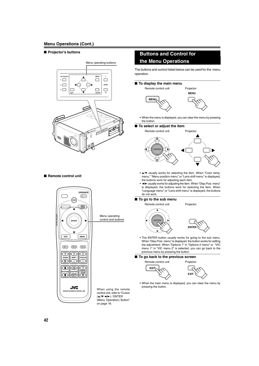 JVC DLA-QX1G manual Buttons and Control for Menu Operations, To display the main menu, To select or adjust the item 