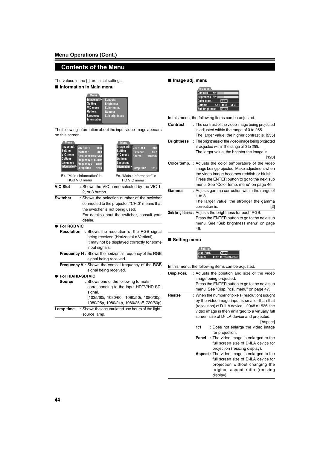 JVC DLA-QX1G manual Contents of the Menu 