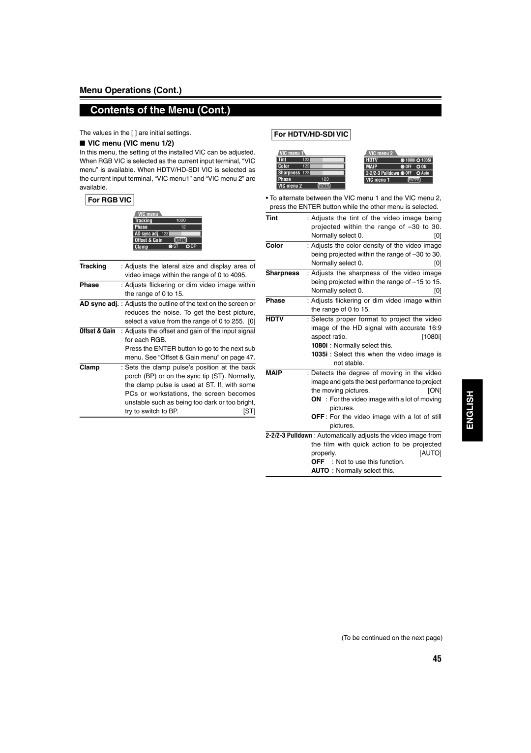 JVC DLA-QX1G manual VIC menu VIC menu 1/2, For RGB VIC, For HDTV/HD-SDI VIC 